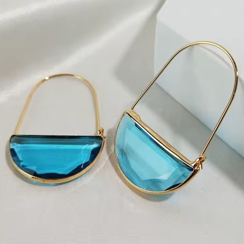 Anthropologie Blue Glass Crescent Hoop Gold Earrings